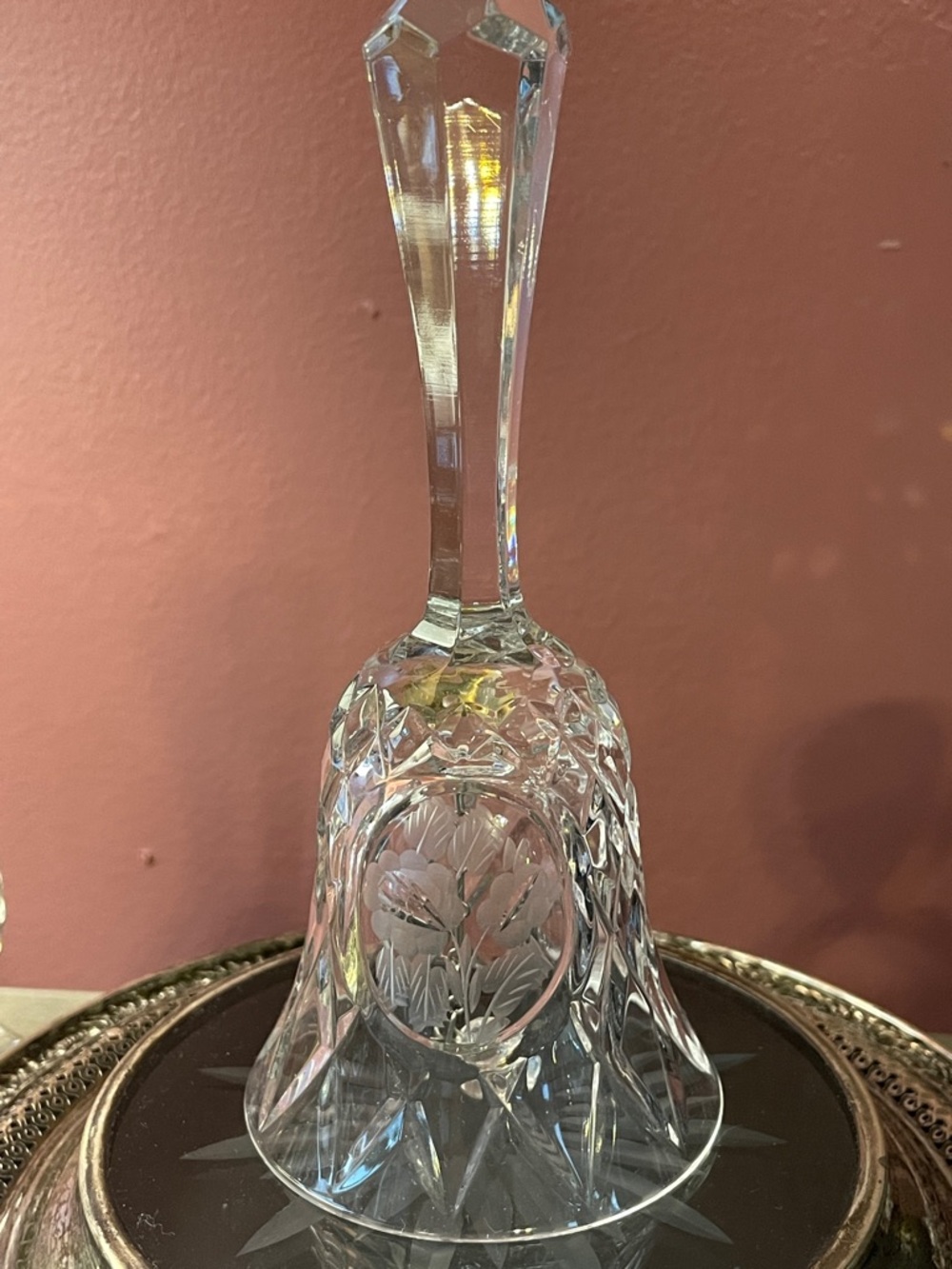 Vintage Estate Clear Crystal Bell with Frosted Floral Etching